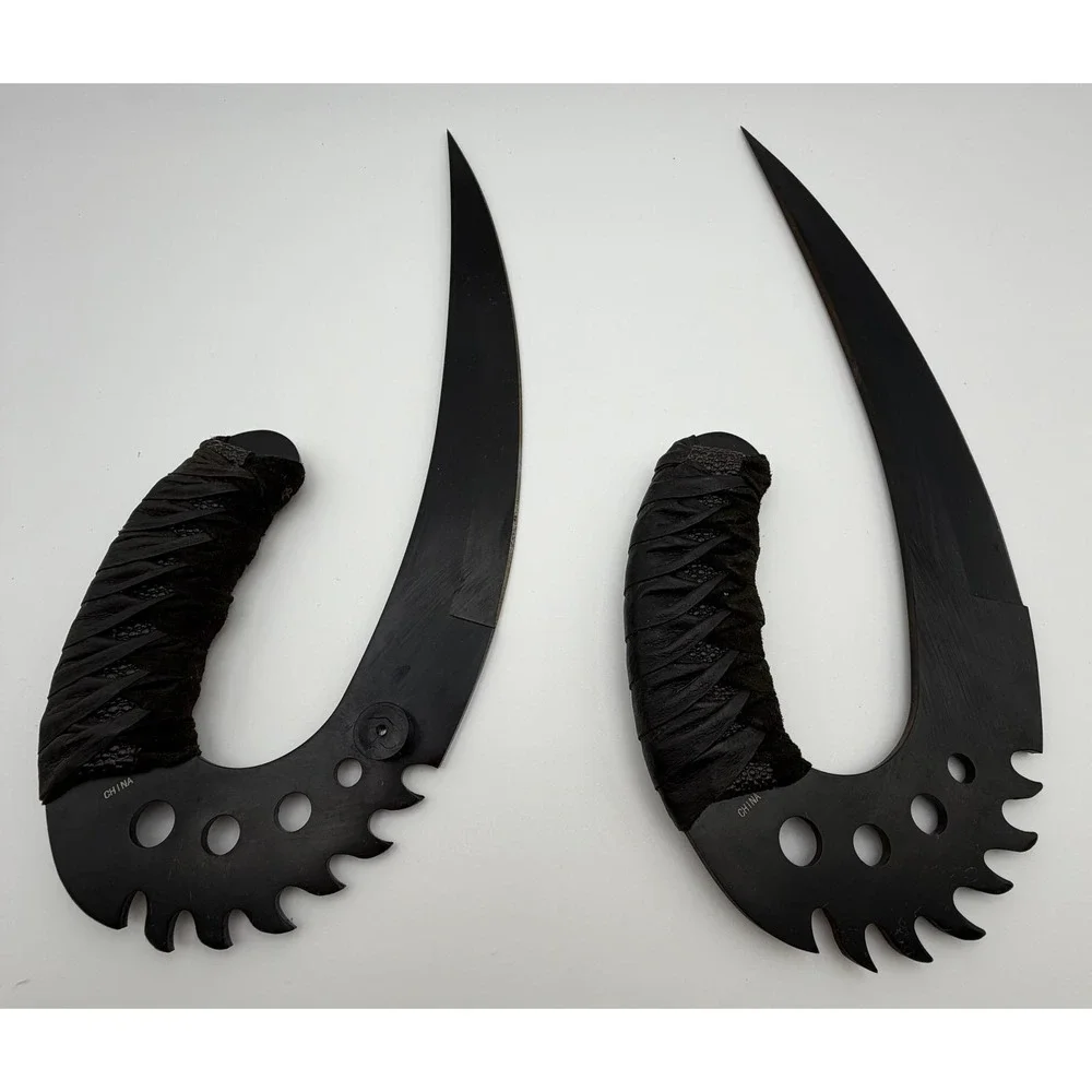 Dual Fantasy Hook Blades Matte Black Serrated Curved Tactical Display Knives Set
